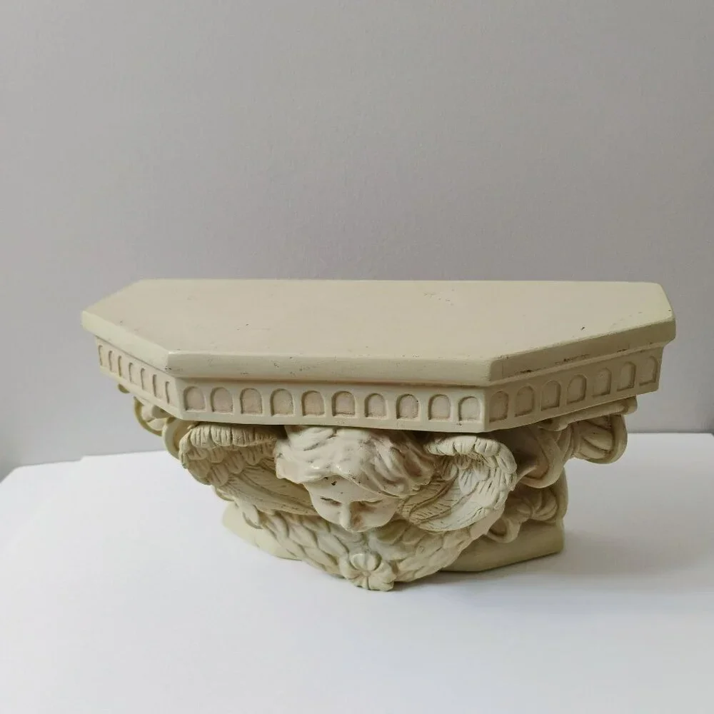 Vintage Cherub Wall Shelf, Antique Style Resin Angel Plaque Decor Cream Accent
